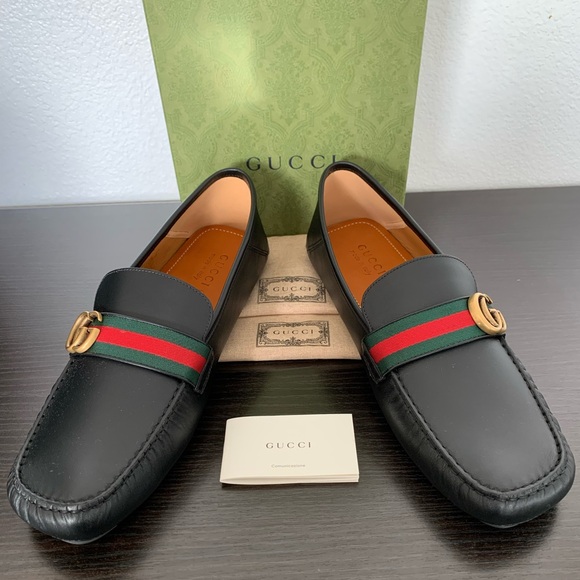 MEN'S GUCCI NOEL GG DRIVER LOAFER MARMONT WEB BLACK LEATHER SIZE 15 US/14 G$840 - Picture 1 of 10
